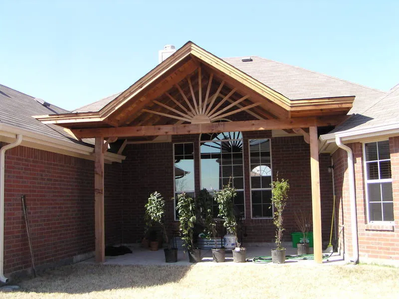 Patio cover large gable with sunburst design — Fence Max Texas project