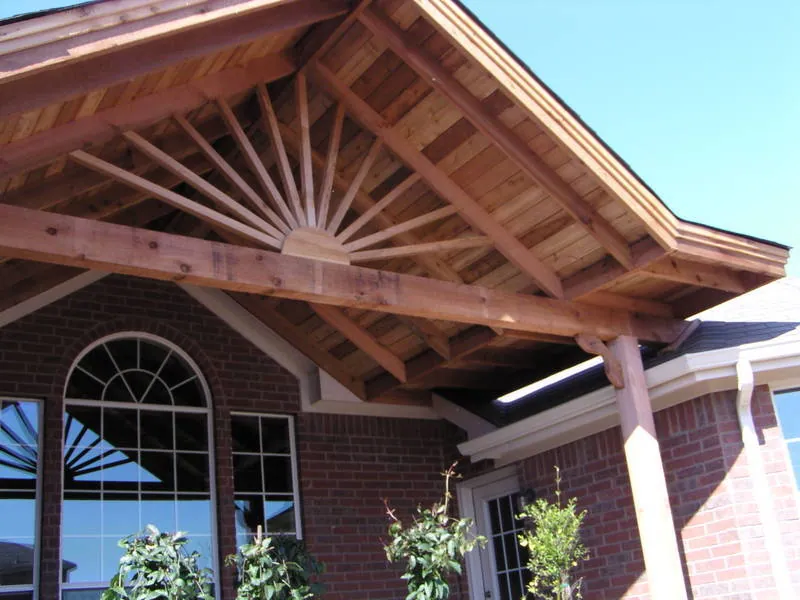 Patio cover large gable with sunburst design — Fence Max Texas project