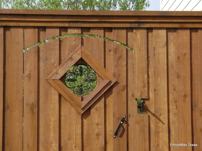 GATE with METAL POST and fleur de lis insert see thru — Fence Max Texas project